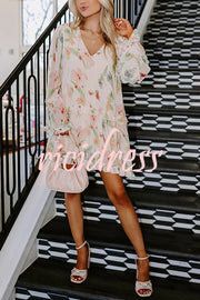 Striking Pleated Floral Print V Neck Ruffle Paneled Long Sleeve Mini Dress