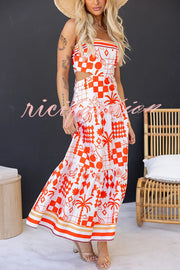 Unique Print Waist Cutout Back Gathered Suspender Maxi Dress