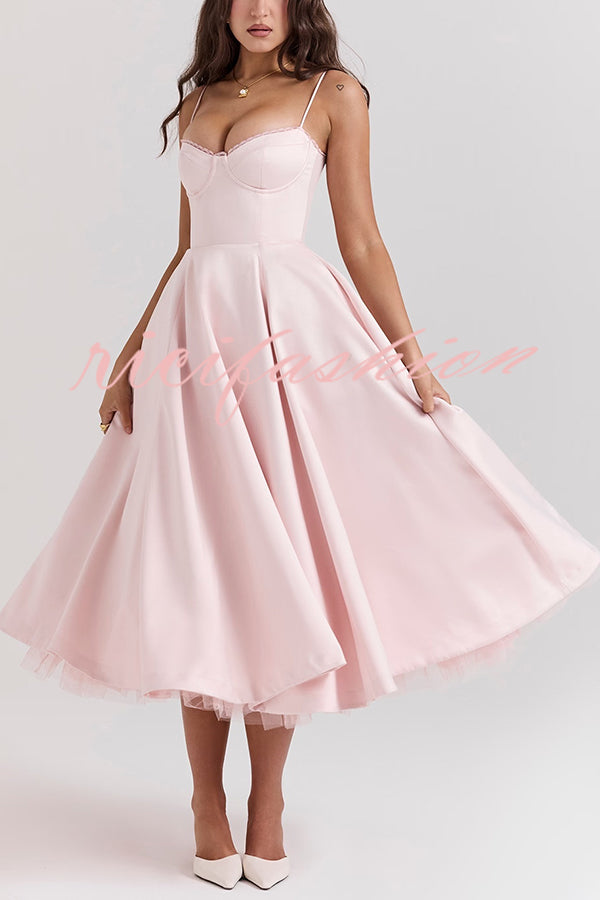 Fairytale Vibe Satin Patchwork Tulle Sweetheart Neck Pocket Stretch Midi Dress