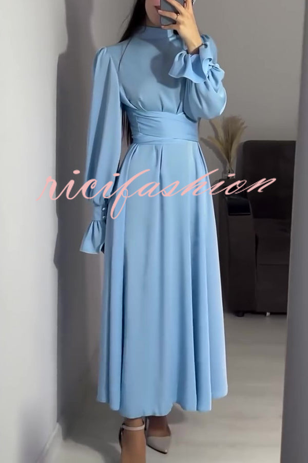 Solid Color Ruffled Sleeves Waisted Tie Slim Fit Maxi Dress