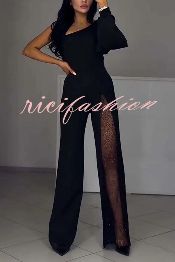 Fashionable Oblique Shoulder One-sleeve Sexy High Slit Slim Jumpsuit