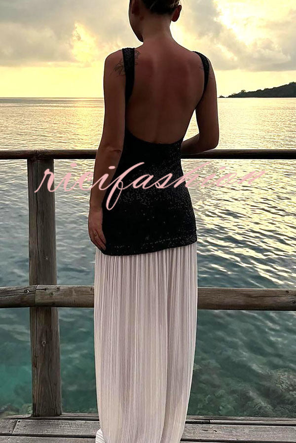 Sexy Backless Sleeveless Sequined Pleated Hem Maxi Dress