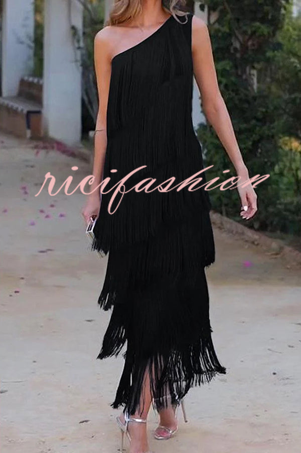 Stylish Fringed One Shoulder Asymmetric Midi Dress