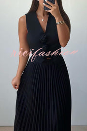 Stylish Rosette Sleeveless Tank Top and Pleated Maxi Skirt Set