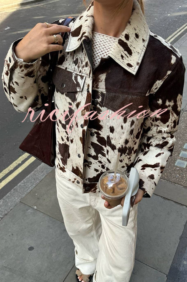 Fashionable Irregular Cow Pattern Lapel Short Jacket