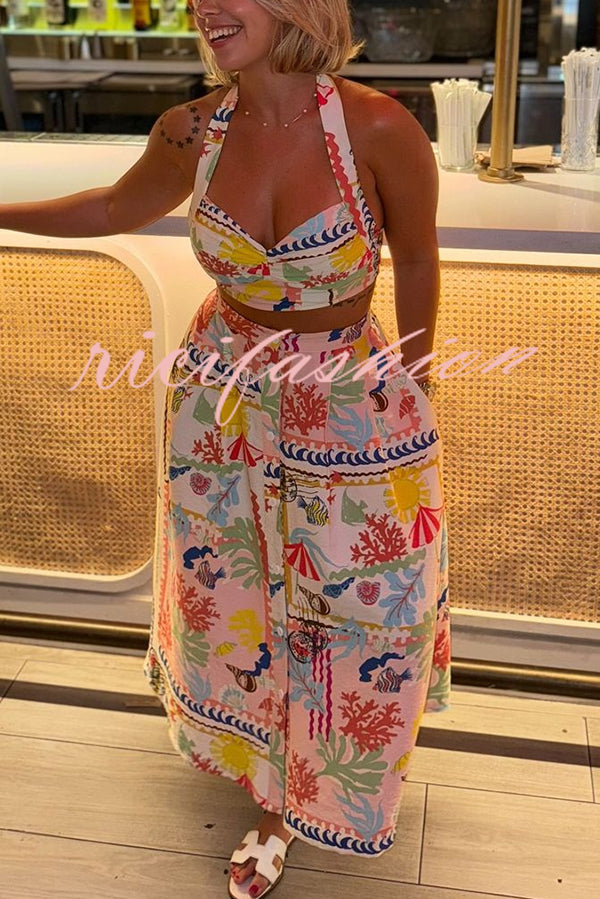 Multicolor Printed Sexy V Neck Halter Top and Midi Button-down Skirt Set