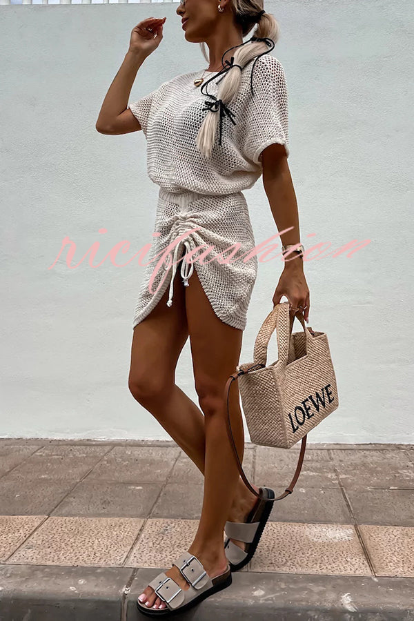 Solid Color Knitted Cutout Lace Up Crew Neck Mini Dress