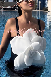 Fashionable Contrast Color Large Flower Stretch One-piece Swimsuit