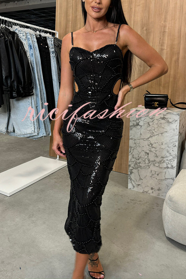 Own It Pearl Sequin Embellished Sexy Backless Cutout Strap Maxi Dress