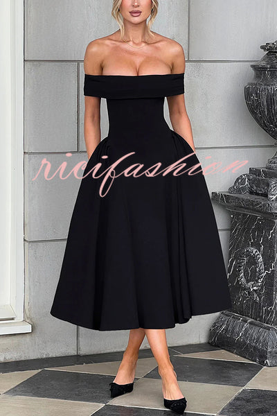 Princess Temperament Batdot Neck Pleat Detail Midi Dress