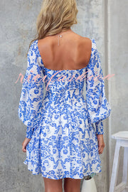 Formia Chiffon Unique Print Lantern Sleeve Back Smocked Mini Dress