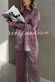 Leopard Print Long-sleeved Casual Top and Loose Elastic Waist Tie Pants Set