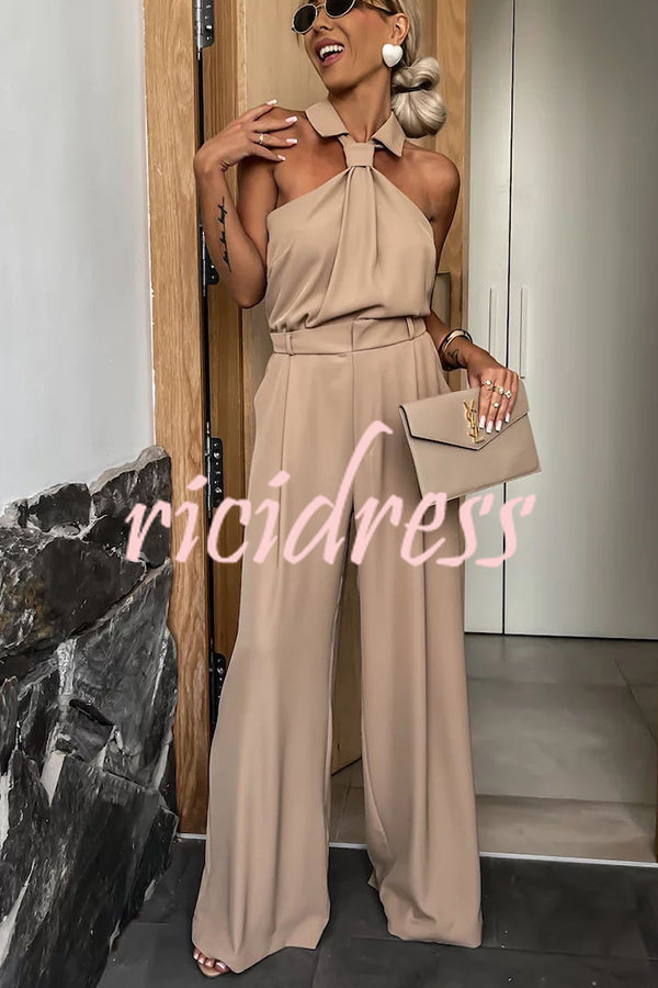 Fashionable Unique Look Halter Shirt Collar Pocketed Wide Leg Jumpsuit