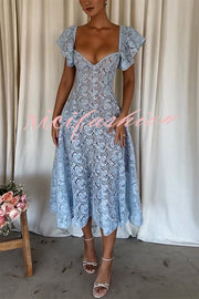 Romantic Atmosphere Bluebell Lace Butterfly Sleeve Sweetheart Neck Stretch Midi Dress