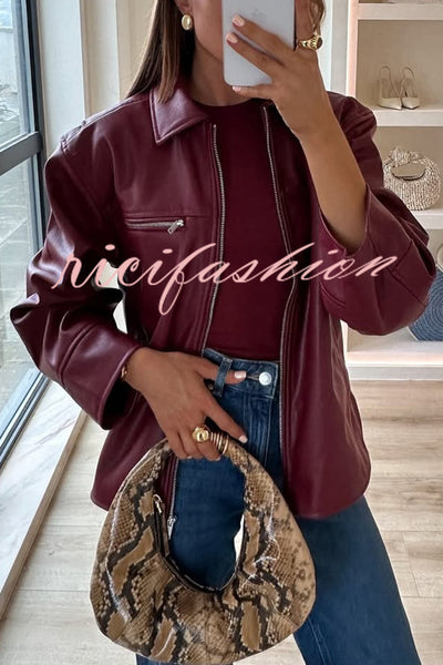 Fashion Lapel Long Sleeve Pocket Zipper Leather Jacket