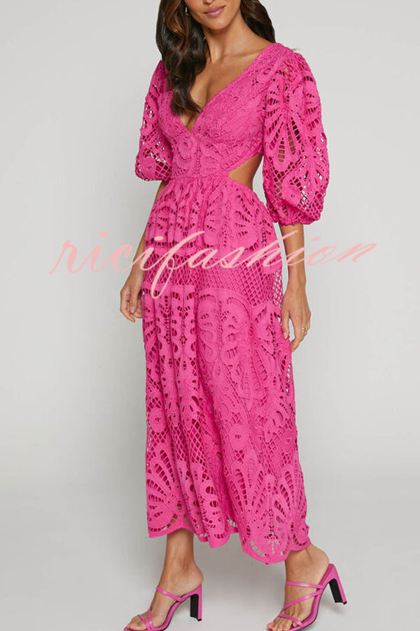 Solid Color V neck Hollow Lace Waistless Sexy Maxi Dress