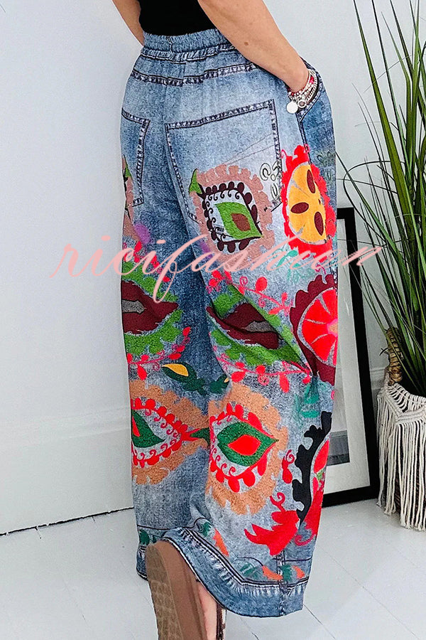 Hippie Style Unique Floral Denim Print Elastic Waist Pocketed Wide Leg Pants