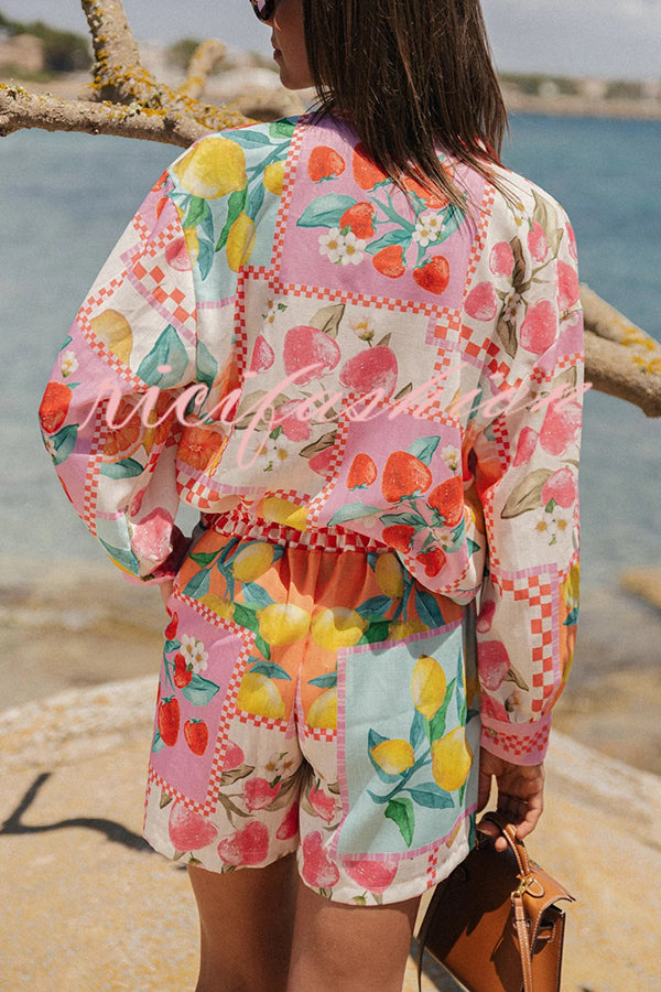 Leisurely Outings Summer Fruit Print Loose Long Sleeve Shirt and Elastic Waist Pocket Shorts Set