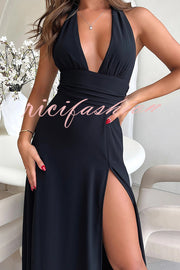 Sexy V-neck Backless Waist Tie High Slit Maxi Dress