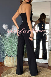 Solid Color Sexy Tube Top Gold Button Embellished Bootcut Jumpsuit