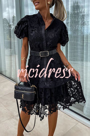 Absolutely Elegant Floral Crochet Lace Puff Sleeve Belted Shirt Midi Dress