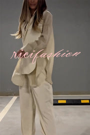 Chic and Elegant Chiffon Patchwork Irregular Lace-up Jacket and Pocketed Straight-leg Pants Set