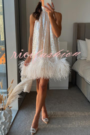 Dancefloor Elf Sequin Feather Trim High Neck A-line Mini Dress