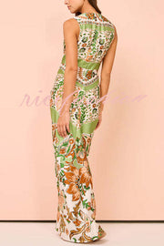 Gaia Satin Unique Paisley Print Central Twist Knot Detail Slit Maxi Dress