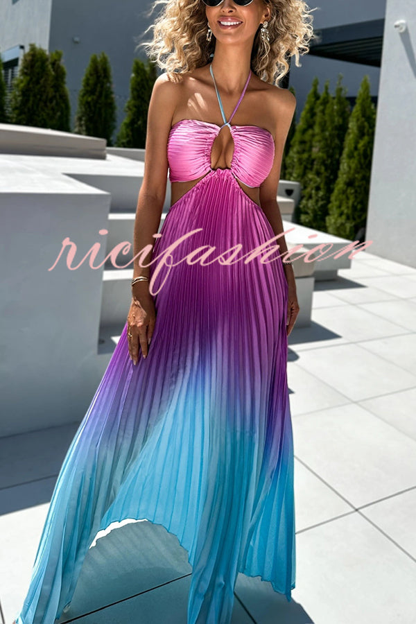 Get Ready Beautiful Gradient Print Cutout Halterneck Pleated Maxi Dress