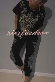 Stylish Tiger Print Short Sleeve Crew Neck Top and Elastic Waist Pocket Pants Set