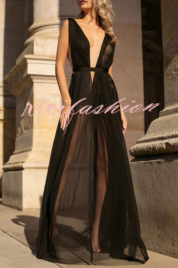 Sexy Muse Semi-sheer Tulle Fabric Fixed Back Tie-up Maxi Dress