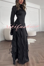 Cline Solid Color High Neck Long Sleeve Elegant Ruffles Maxi Dress