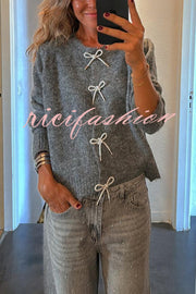 Paris Mornings Knit Front Bow Design Long Sleeve Relaxed Cardigan