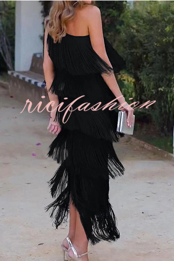 Stylish Fringed One Shoulder Asymmetric Midi Dress