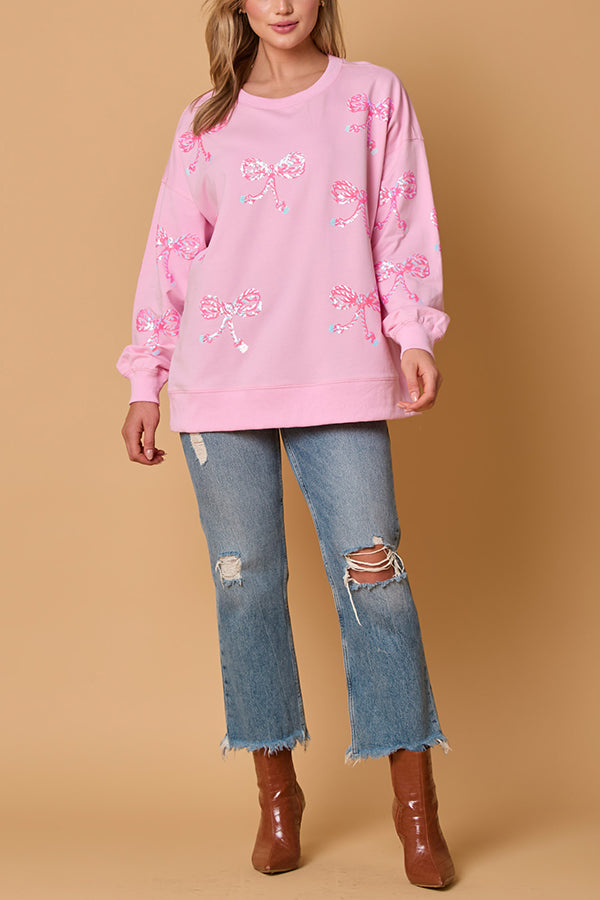 Christmas Bow Sequin Casual Loose Long-sleeved Sweatshirt