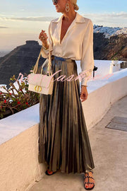 Fashionable Metallic Pleated Back Elastic Waist Maxi Skirt