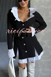 Altair Contrast Ruffled Shirt Patchwork Button Pleated Blazer Mini Dress