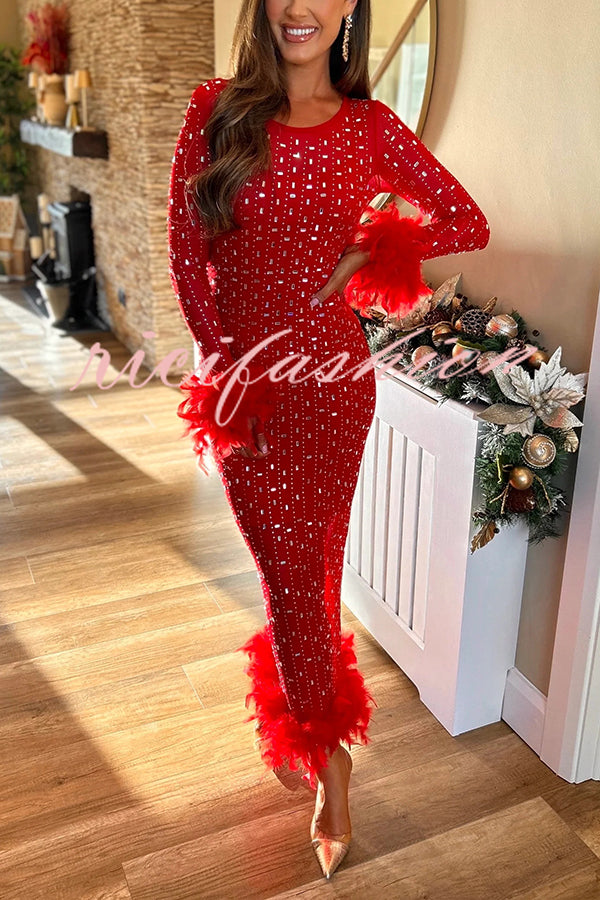 Sexy Long Sleeve Round Neck Feather Edge Rhinestone Decoration Slim Fit Maxi Dress