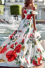 Glamorous Rose Print Patchwork Pleated High Waisted Maxi Dress