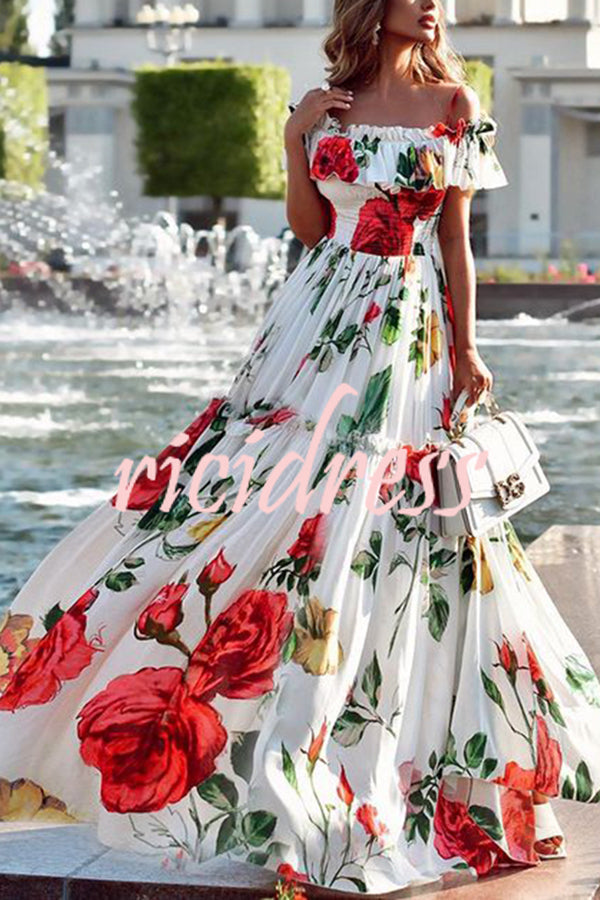 Glamorous Rose Print Patchwork Pleated High Waisted Maxi Dress