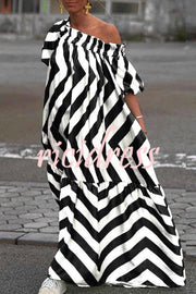 Exquisite Striped Patchwork Bell Sleeve Pocket Maxi Dress