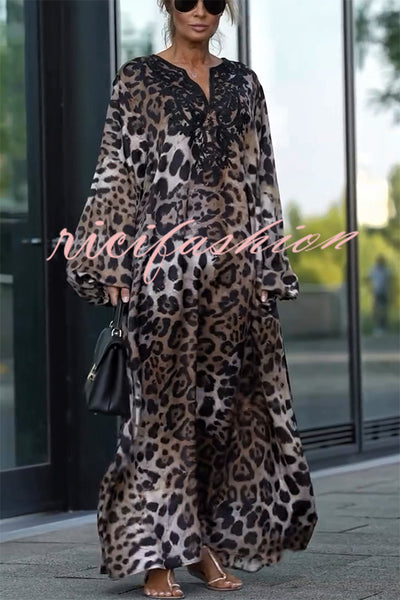 Rayna Lace Mixed Leopard Print Balloon Sleeve A-line Maxi Dress