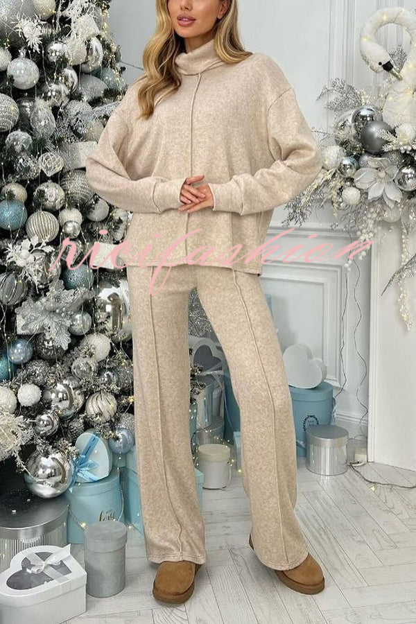 Solid Color Casual Knitted High Neck Long Sleeve Top and Elastic Waist Loose Pants Set