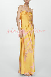 Catalina Island Satin Floral Print Twist Bust Halter Maxi Dress