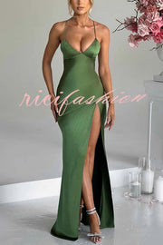 Satin Solid Color Sexy Backless Lace Up High Slit Maxi Dress