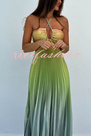 Get Ready Beautiful Gradient Print Cutout Halterneck Pleated Maxi Dress