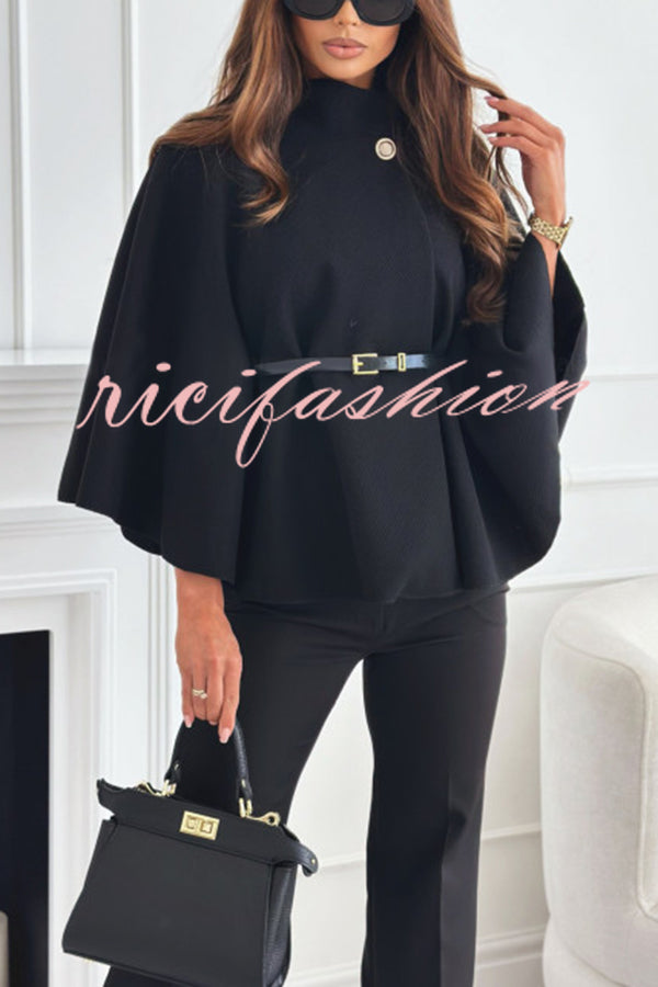 Elegant Moment Woolen Button Turtleneck Belted Oversized Cape