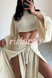 Ideal for Holidays Linen Blend Crop Top and Elastic Waist Tie-up Ruffle Pants Set