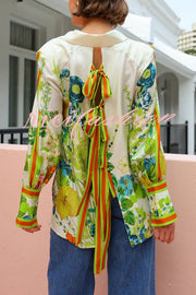 Antibes Satin Floral Print Back Tie-up Button Down Oversized Blouse