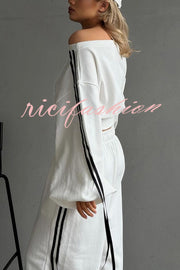 Contrast Color Webbing Casual Sweatshirt and Elastic Waist Tie Loose Pants Set